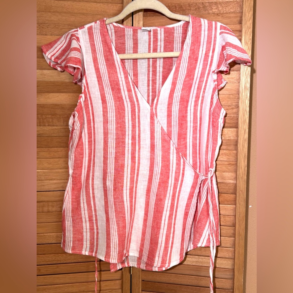 Old Navy Womens Size Small linen candy stripe wrap top blouse ruffle cap sleeve